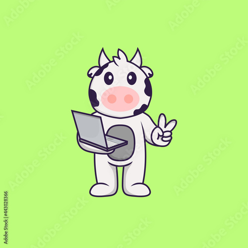 Cute cow holding laptop. Animal cartoon concept isolated. Can used for t-shirt, greeting card, invitation card or mascot. Flat Cartoon Style