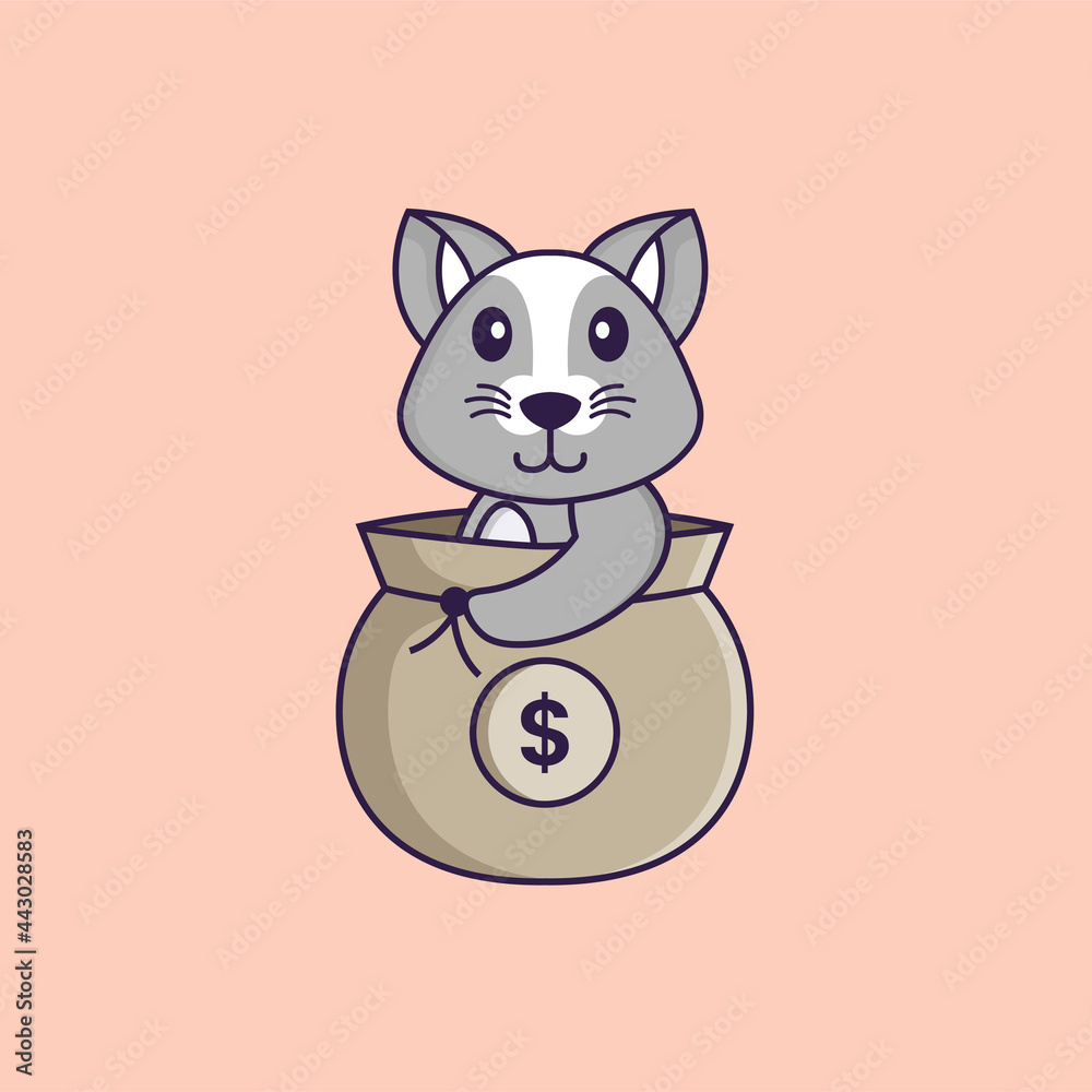 Cute rat in a money bag. Animal cartoon concept isolated. Can used for t-shirt, greeting card, invitation card or mascot. Flat Cartoon Style Cute rat in a money bag. Animal cartoon concept isolated. Can used for t-shirt, greeting card, invitation card or mascot. Flat Cartoon Style