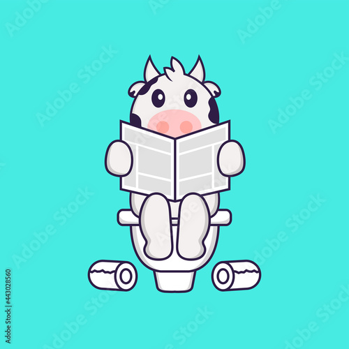 Cute cow Pooping On Toilet and read newspaper. Animal cartoon concept isolated. Can used for t-shirt, greeting card, invitation card or mascot. Flat Cartoon Style
