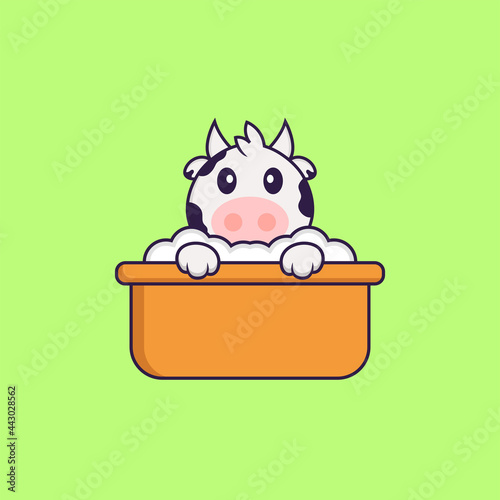 Cute cow taking a bath in the bathtub. Animal cartoon concept isolated. Can used for t-shirt, greeting card, invitation card or mascot. Flat Cartoon Style