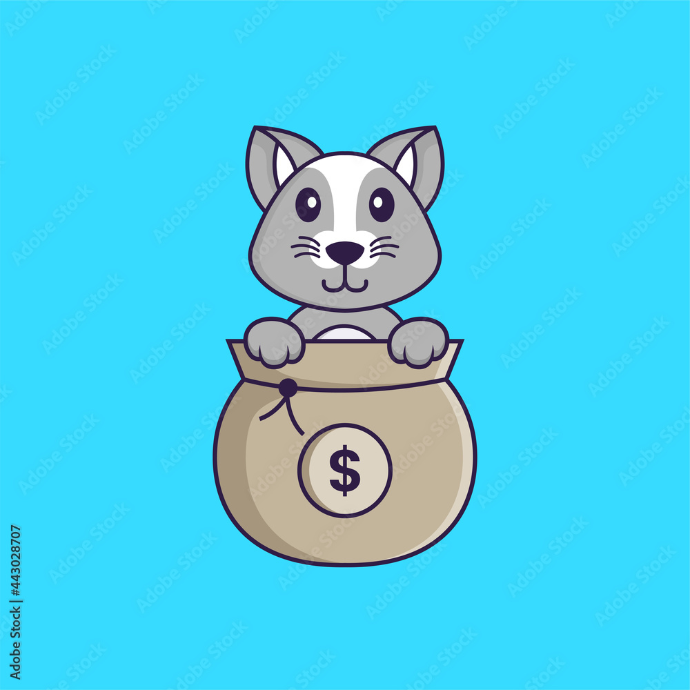 Cute rat playing in money bag. Animal cartoon concept isolated. Can used for t-shirt, greeting card, invitation card or mascot. Flat Cartoon Style Cute rat playing in money bag. Animal cartoon concept isolated. Can used for t-shirt, greeting card, invitation card or mascot. Flat Cartoon Style