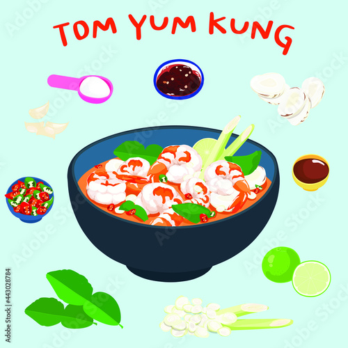 Tom yum kung and ingredients vector illustration.