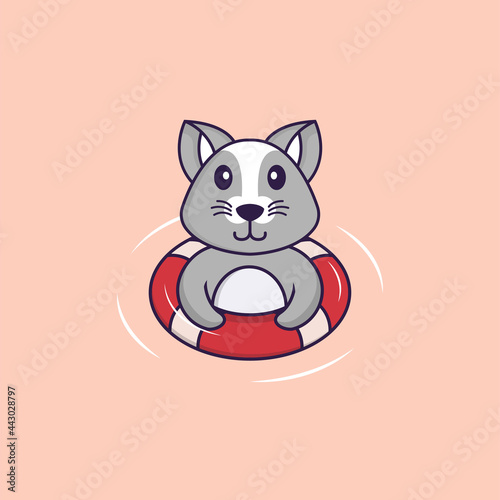 Cute rat is Swimming with a buoy. Animal cartoon concept isolated. Can used for t-shirt, greeting card, invitation card or mascot. Flat Cartoon Style