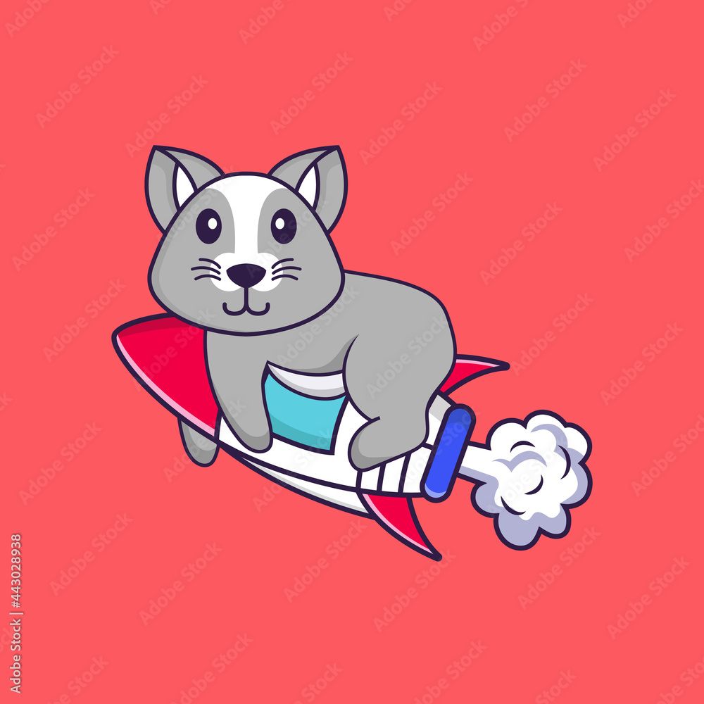 Fototapeta premium Cute rat flying on rocket. Animal cartoon concept isolated. Can used for t-shirt, greeting card, invitation card or mascot. Flat Cartoon Style