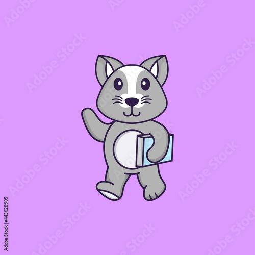 Cute rat holding a book. Animal cartoon concept isolated. Can used for t-shirt, greeting card, invitation card or mascot. Flat Cartoon Style