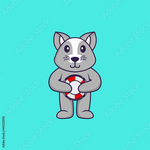Cute rat holding a buoy. Animal cartoon concept isolated. Can used for t-shirt, greeting card, invitation card or mascot. Flat Cartoon Style