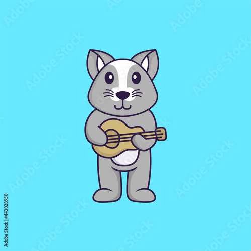 Cute rat playing guitar. Animal cartoon concept isolated. Can used for t-shirt, greeting card, invitation card or mascot. Flat Cartoon Style © Turn