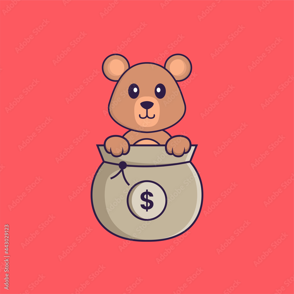 Fototapeta premium Cute rat playing in money bag. Animal cartoon concept isolated. Can used for t-shirt, greeting card, invitation card or mascot. Flat Cartoon Style