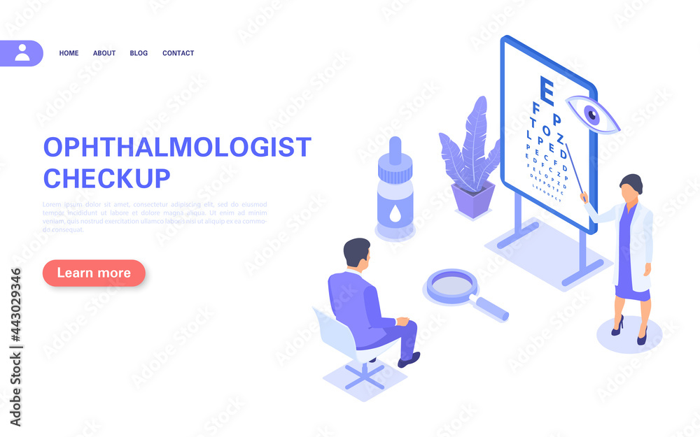 Vision test concept banner. The doctor checks the eyesight of the patient.