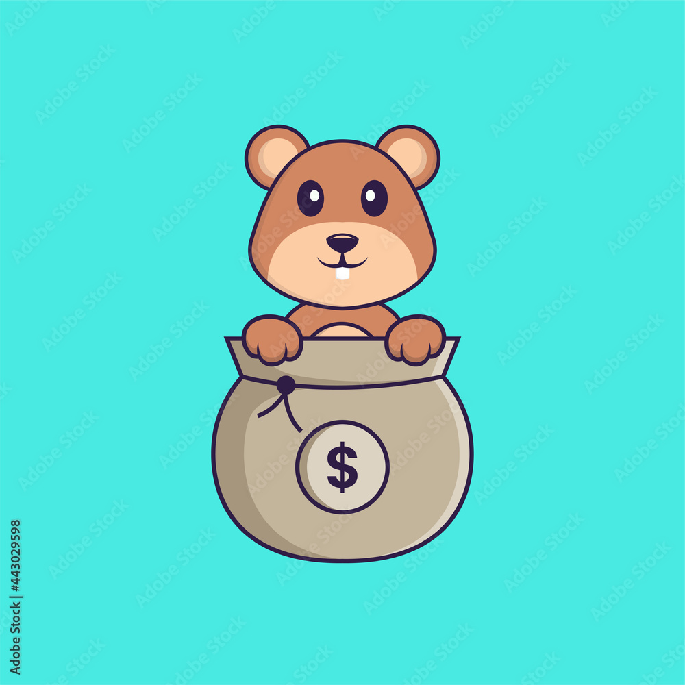 Cute squirrel playing in money bag. Animal cartoon concept isolated. Can used for t-shirt, greeting card, invitation card or mascot. Flat Cartoon Style Cute squirrel playing in money bag. Animal cartoon concept isolated. Can used for t-shirt, greeting card, invitation card or mascot. Flat Cartoon Style