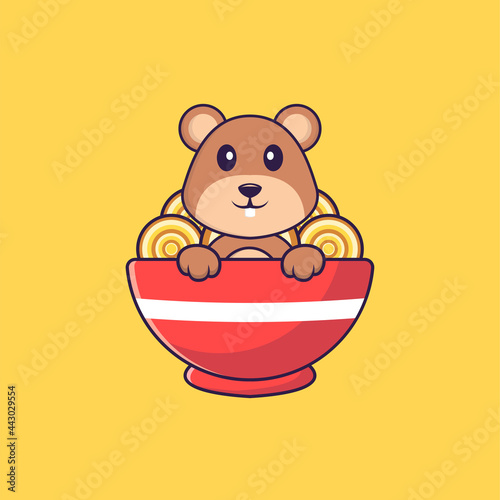 Cute squirrel eating ramen noodles. Animal cartoon concept isolated. Can used for t-shirt, greeting card, invitation card or mascot. Flat Cartoon Style