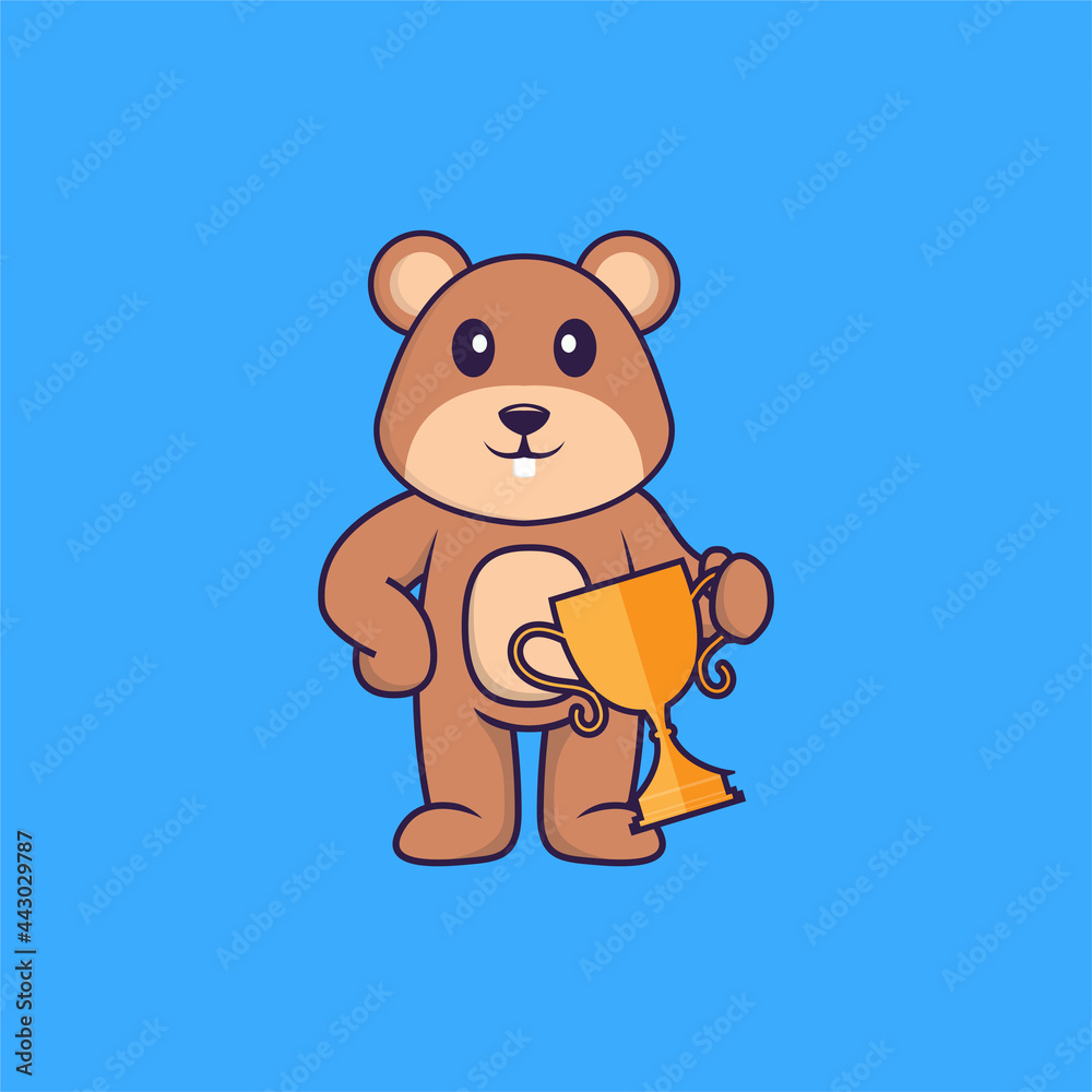 Cute squirrel holding gold trophy. Animal cartoon concept isolated. Can used for t-shirt, greeting card, invitation card or mascot. Flat Cartoon Style