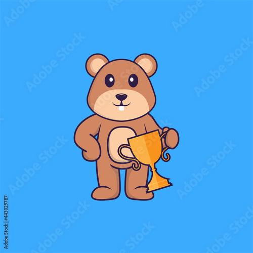 Cute squirrel holding gold trophy. Animal cartoon concept isolated. Can used for t-shirt  greeting card  invitation card or mascot. Flat Cartoon Style