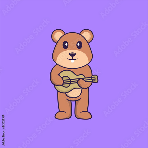 Cute squirrel playing guitar. Animal cartoon concept isolated. Can used for t-shirt  greeting card  invitation card or mascot. Flat Cartoon Style