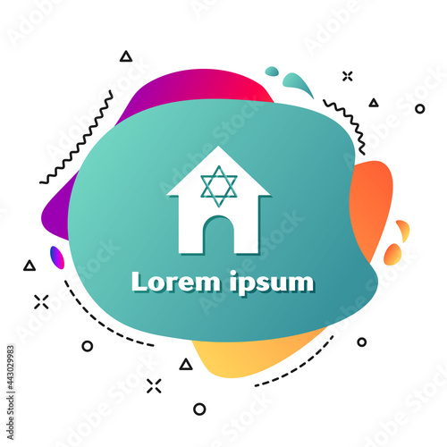 White Jewish synagogue building or jewish temple icon isolated on white background. Hebrew or judaism construction with David star. Abstract banner with liquid shapes. Vector