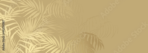 Gold  background with tropical plant leaves. Abstract floral pattern. Vector illustrations in yellow colors for advertising, wallpaper, wedding design, cards, invitations, banners, flyers, posters