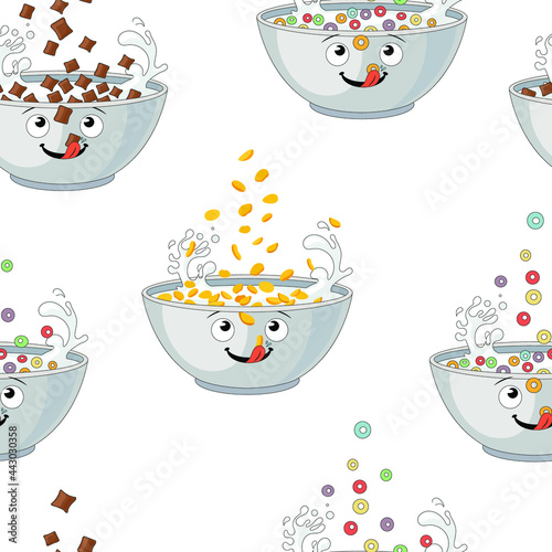 Vector Seamless Pattern, Cereals, Different Breakfast Illustrations on White Background, Chocolate Pads, Corn Flakes, Multicolored Rings.
