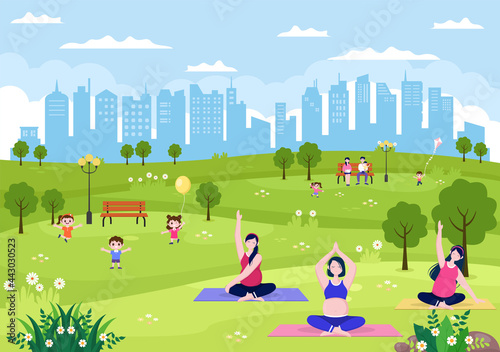 City Park Illustration For People Doing Sport, Relaxing, Playing Or Recreation With Green Tree And Lawn. Scenery Urban Background