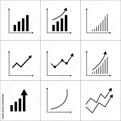 Growth related vector icon set isolated on a white background. Growing bar graph icon set.