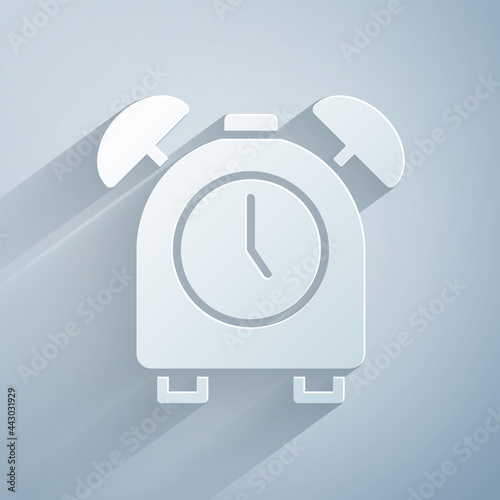 Paper cut Alarm clock icon isolated on grey background. Wake up, get up concept. Time sign. Paper art style. Vector