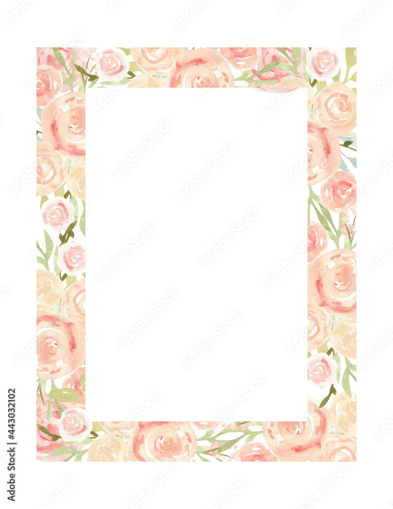 Blush flowers watercolor frame, pink roses watercolor border