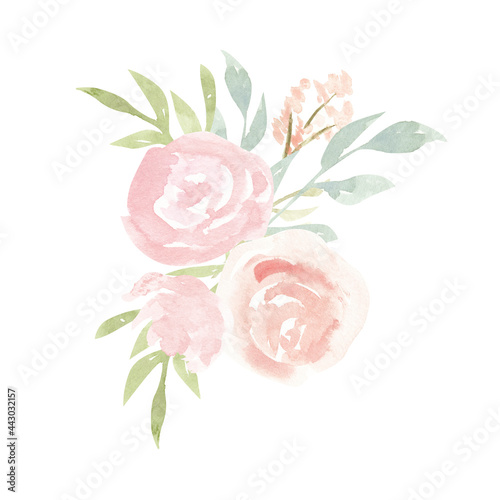 Blush flowers watercolor bouquets, pink roses floral arrangement on white background