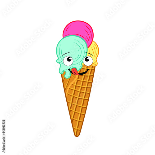 Vector Cartoon Ice Cream Isolated on White Background, Happy Icecream Cone Licking Melting Ice Cream.

