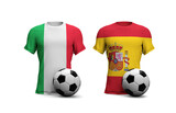 Spain Vs. Italy soccer match. flags with football. 3D Rendering