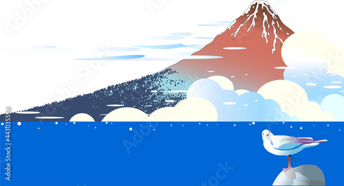 浮世絵の富士山と夏の積乱雲の湧く海にカモメ