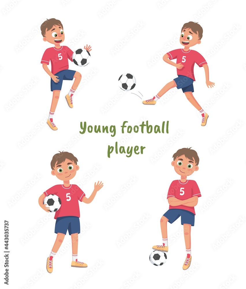 a set of vector isolated images of a football player boy in different poses. A child playing football with a soccer ball and scores a goal. A cartoon-style character a set of vector isolated images of a football player boy in different poses. A child playing football with a soccer ball and scores a goal. A cartoon-style character