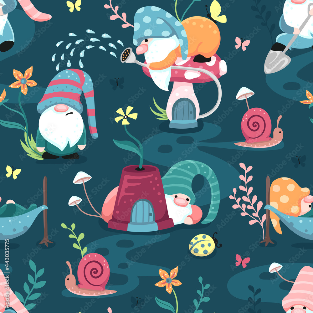 Happy playful little garden gnomes in a colorful flower field on a dark blue background. Seamless surface repeat vector pattern. Happy playful little garden gnomes in a colorful flower field on a dark blue background. Seamless surface repeat vector pattern.