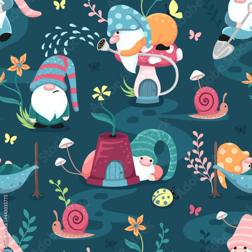 Happy playful little garden gnomes in a colorful flower field on a dark blue background. Seamless surface repeat vector pattern.