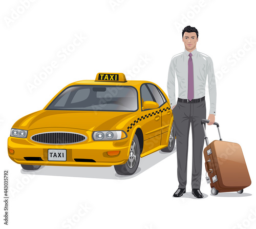 Illustration of the young man with luggage and taxi car