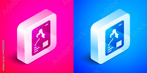 Isometric X-ray shots icon isolated on pink and blue background. Silver square button. Vector
