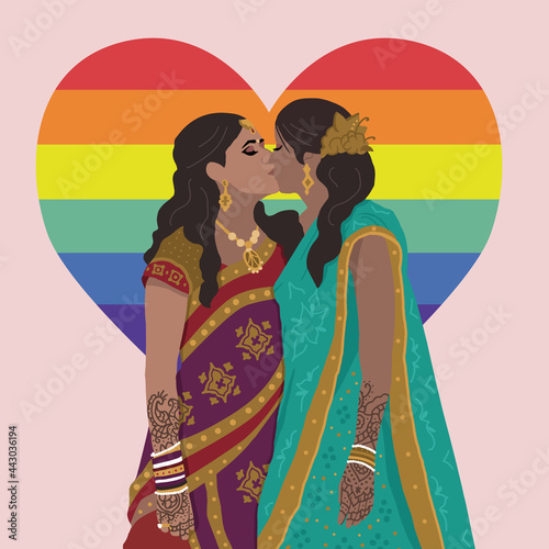 Indian LGBTQ/Queer/Lesbian women kissing wearing Traditional Indian Dress, hands painted with Henna/Mehndi. Indian same sex couple. Lesbian Hindu Wedding. Pride - Vectors (EPS)