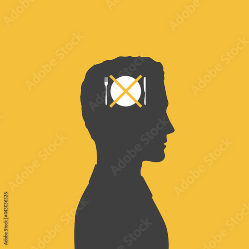 Silhouette profile of man with crossed out plate in his head - metaphor of eating disorders. Poster of anorexia nervosa, bulimia and other eating disorders.
