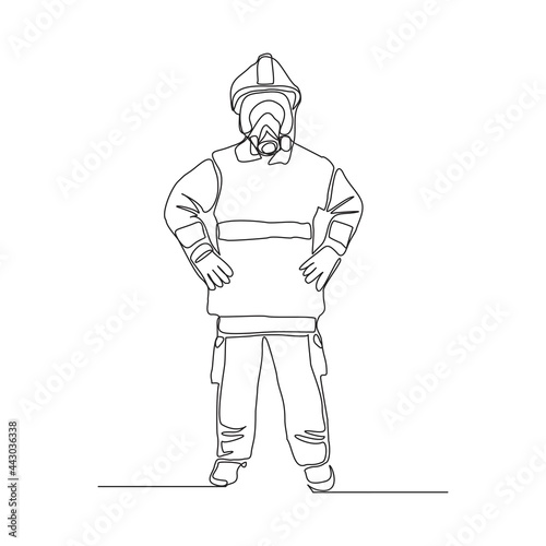Single one continuous line drawing of young male firefighter wear safety jacket and helmet. Professional work profession and occupation minimal concept. Design graphic vector illustration
