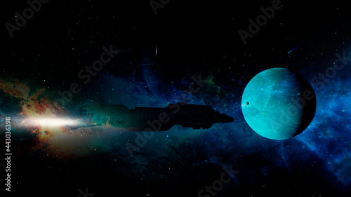 Space ship approaching a new blue planet