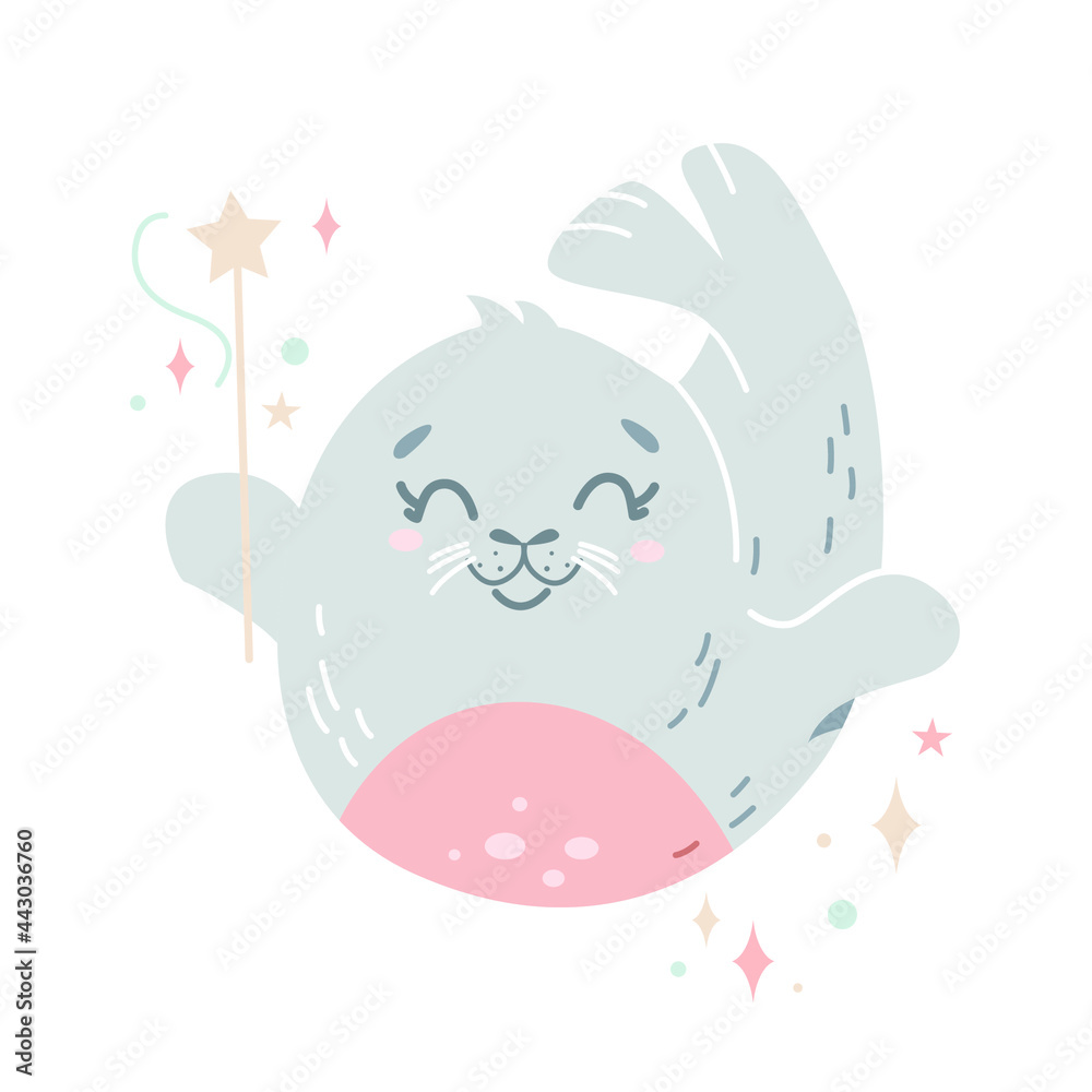 Vector illustration of a small seal holding a magic wand in his hand, isolated on a white background. Perfect for a poster, nursery clothing, postcard, print. Vector illustration of a small seal holding a magic wand in his hand, isolated on a white background. Perfect for a poster, nursery clothing, postcard, print.
