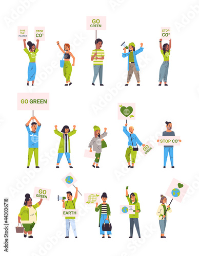 set environmental activists holding posters go green save planet strike concept mix race protesters campaigning to protect earth demonstrating against global warming full length vertical