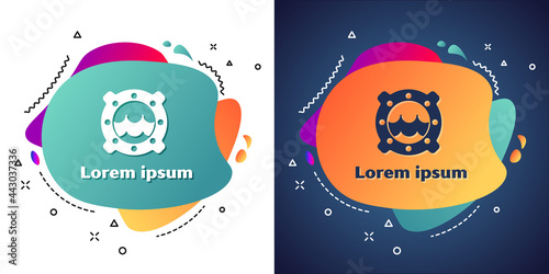 White Ship porthole with rivets and seascape outside icon isolated on white and blue background. Abstract banner with liquid shapes. Vector