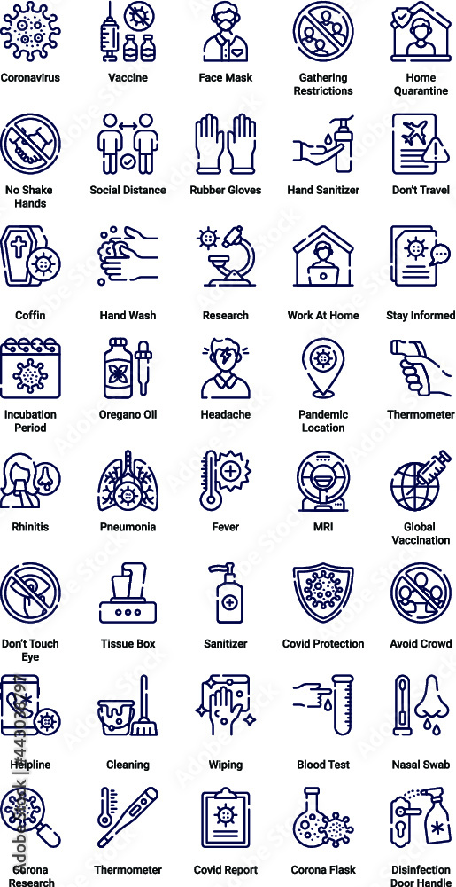 Plakat Vector editable stroke line icons for practical tips on COVID19 coronavirus contamination prevention. Included icons symptoms, transmission, prevention, treatment, virus, contagious, 48X48 Pixel.
