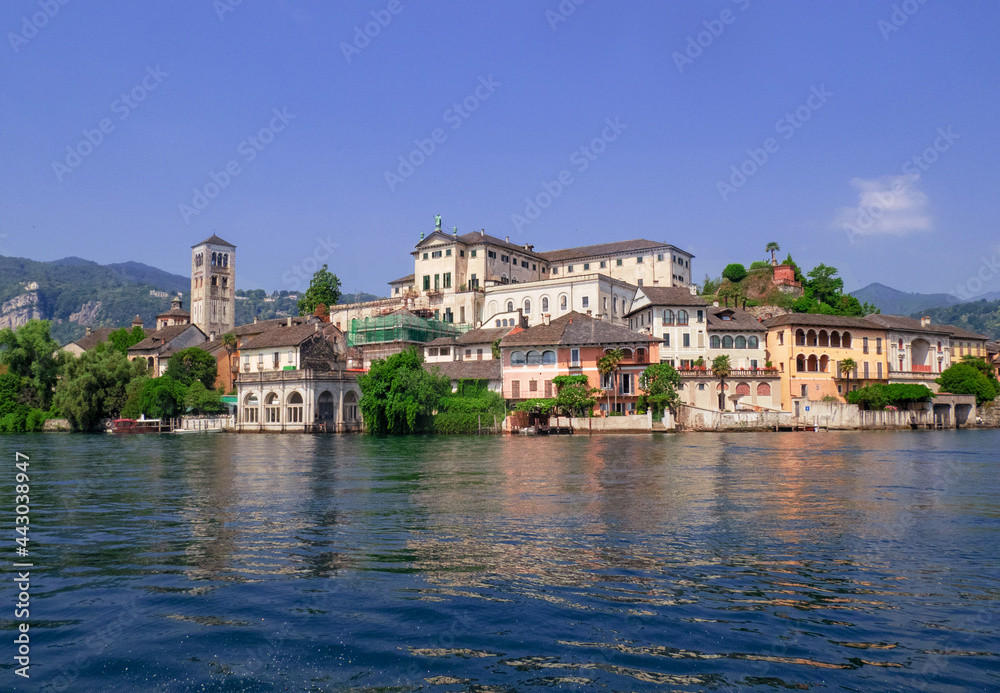 San Giulio island in the middle of the Orta lake, famous for the ancient monastery place of peace and meditation.Piedmont, italian lakes, Italy.