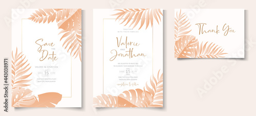 Wedding invitation card template with tropical leaves design