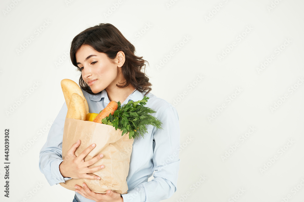 smiling woman with food package healthy food supermarket housewife smiling woman with food package healthy food supermarket housewife