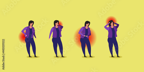 set sick woman with pain in different parts of body backache knee head illness concept horizontal full length