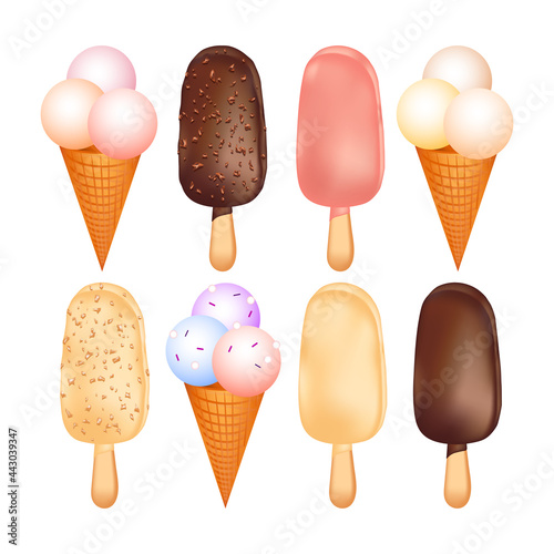 Icecream collection on sticks isolated on white background. Milk, brown and pink chocolate desserts topped with crushed nuts. Freeze sweet balls on wafer cones. Summertime freshness.
