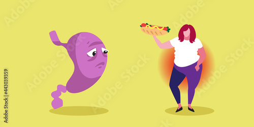 fat woman eating hot dog unhealthy nutrition overweight girl with abdominal pain stomach ache painful area highlighted in red color horizontal full length