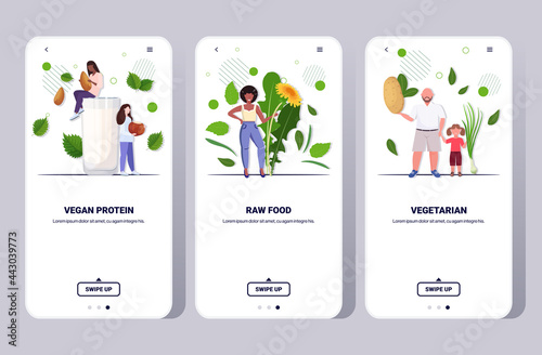 set people drinking plant based milk holding potato onion and dandelion flower vegan protein raw food vegetarian concept smartphone screens collection horizontal full length
