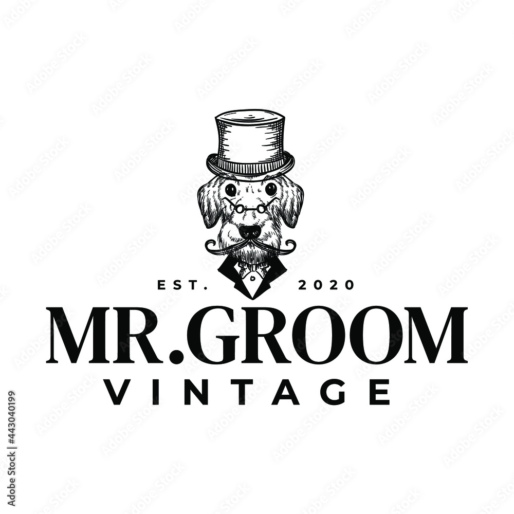 Vintage Hipster Dog With Hat, Glass, Mustache Drawing Logo Vector